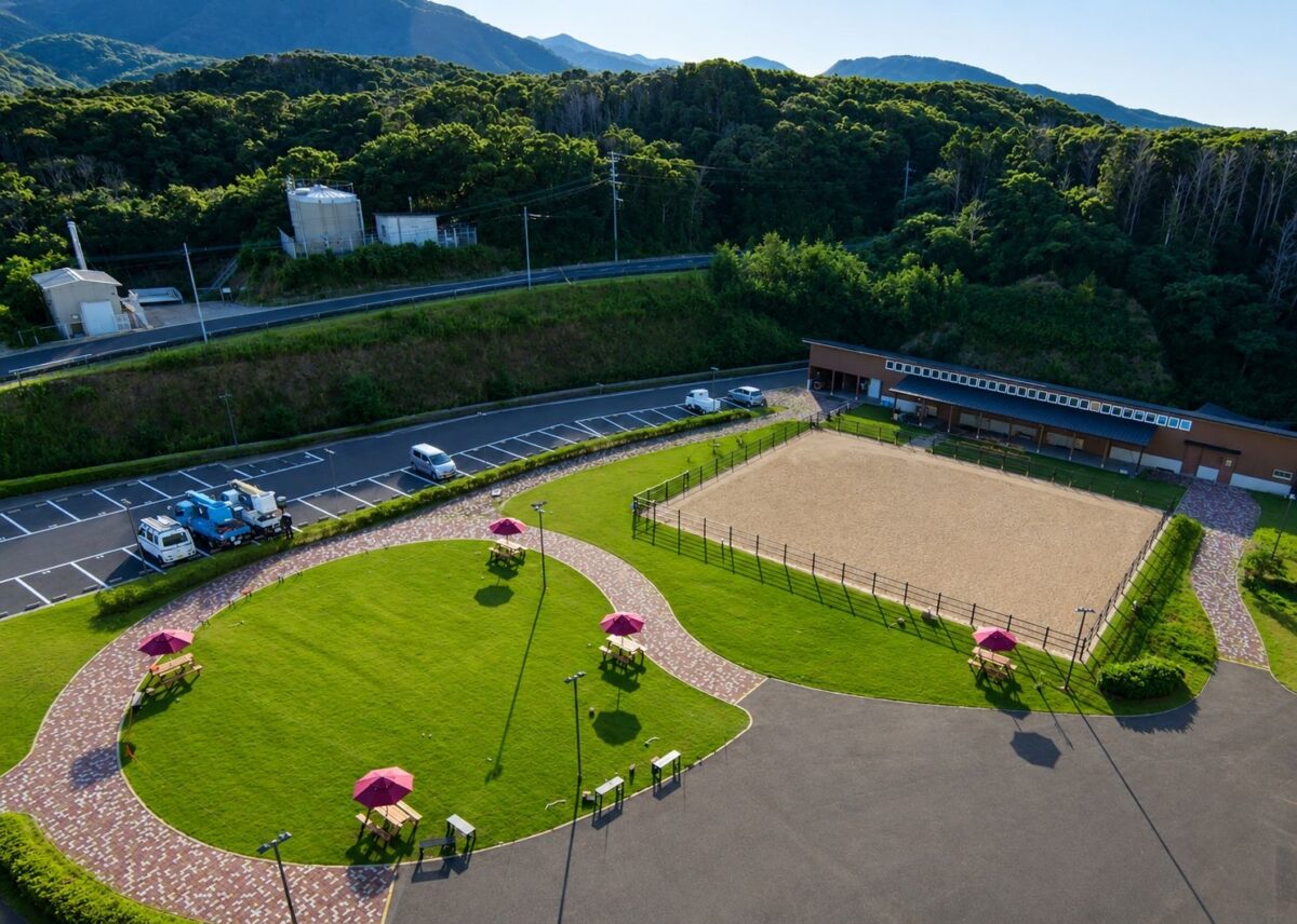 上から見たところ。右の砂地は対州馬の馬場