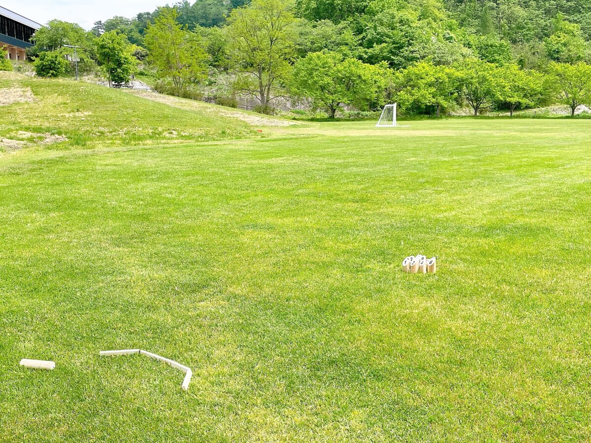 芝生に並べたスキットル(木のピン)と投げる棒のモルッカーリ