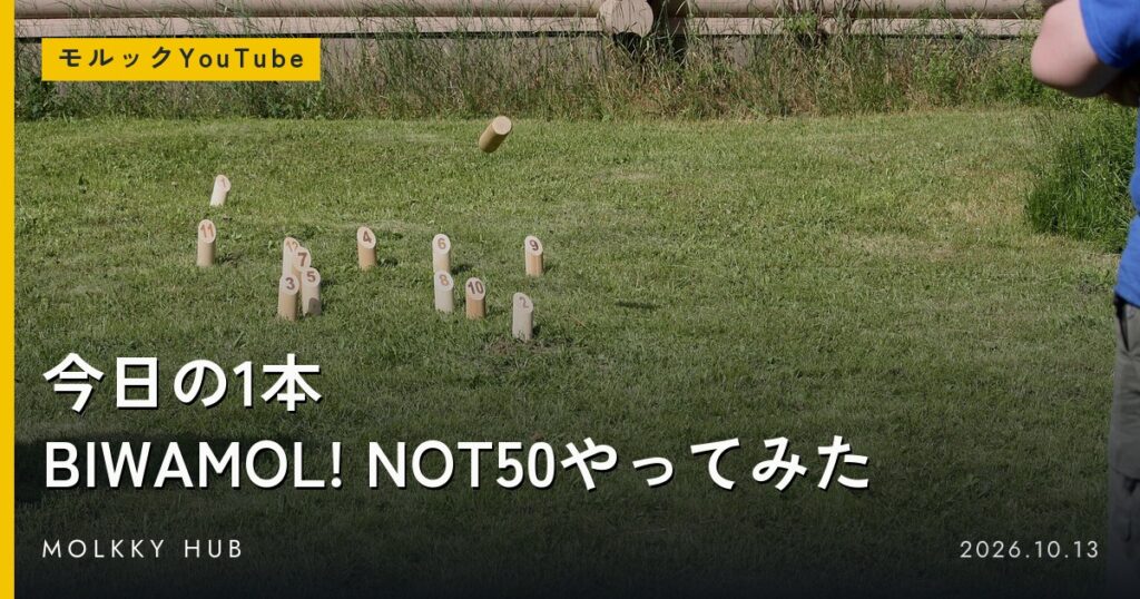 芝生に立つスキットルに向かって、モルック棒が飛んでいく。写真はイメージです