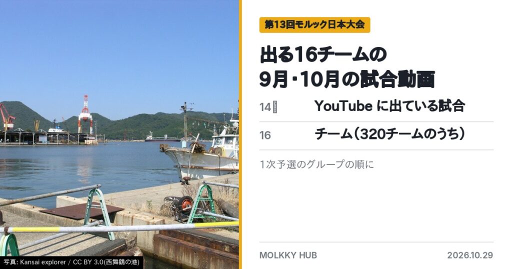 西舞鶴の港と、日本大会に出るチームの試合動画の案内