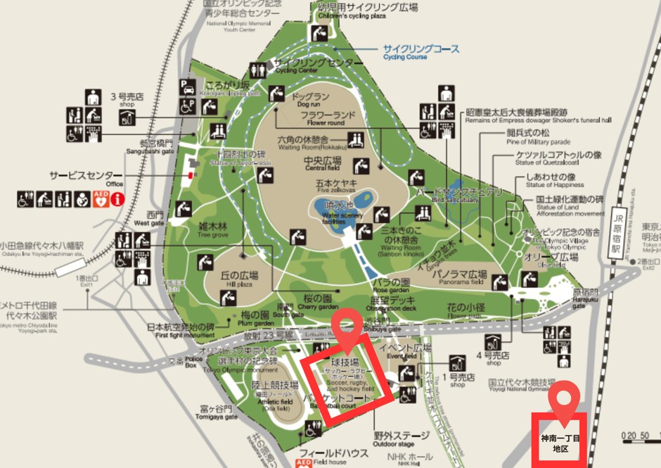 代々木公園の地図。赤い枠が大会会場の球技場と、体験会の神南一丁目地区